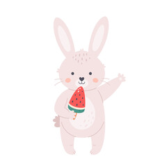 Cute white bunny with watermelon ice cream waving hand. Hello summer, summer vacation, summertime. Hand drawn vector illustration