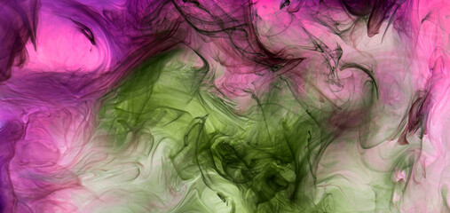 Green purple smoke abstract background, acrylic paint underwater explosion