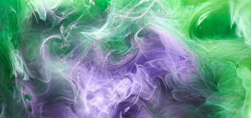 Green purple smoke abstract background, acrylic paint underwater explosion