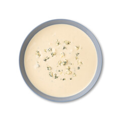 Cheese soup in a bowl isolated over white background