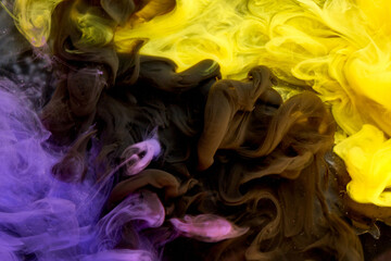 Multicolored bright contrasting dark smoke abstract background, acrylic paint underwater explosion