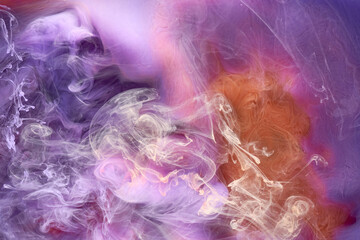Multicolored orange lilac smoke abstract background, acrylic paint underwater explosion