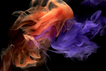 Obraz premium Blue orange multicolored smoke abstract background, acrylic paint underwater explosion
