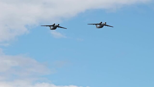 Saint-Petersburg, Russia. Flying display and aerobatic show of the Russian Military Air Force. Jet planes flying in the bright blue sky.