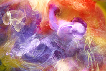 Multicolored bright contrast light smoke abstract background, acrylic paint underwater explosion