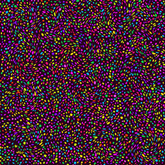 Abstract vector seamless pattern of multicolored dots in bright neon colors, on a dark background.