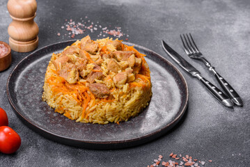 Pilaf or pilau with chicken, traditional uzbek hot dish of boiled rice and chicken meat