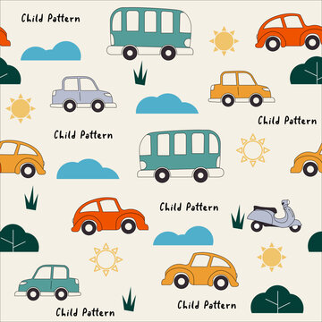 Seamless pattern with cute car bus and sun cloude hand draw. Creative midday background. Perfect for kids apparel, fabric, textile, nursery decoration, wrapping paper. Vector Illustration Design