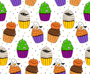 Cute Halloween Cupcakes pattern on a white background. Isolated from background vector illustration