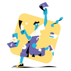 Un ragazzo cerca di gestire una grande quantità di documenti. Immagine stilizzata e ironica sulla difficoltà di organizzazione della documentazione.