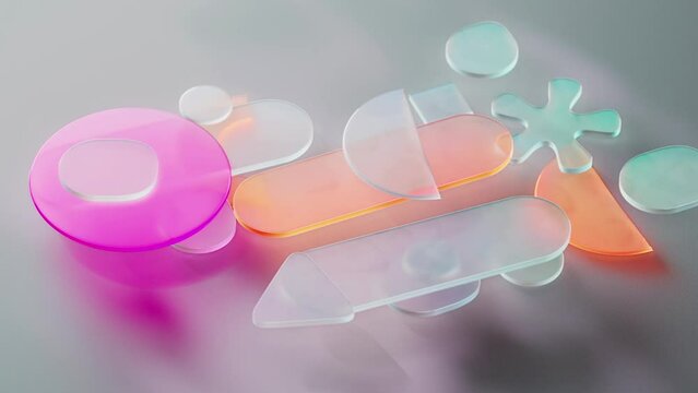 Moving figures of frosted glass geometric shapes. Abstract 3D animation of colored figures in pale shades on a light background. Futuristic, minimalistic, concise design, 4K motion graphics.