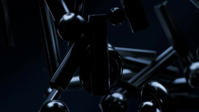 Aesthetic black animation of glossy geometric shapes moving on a black background. Futuristic, minimalistic, concise design is perfect for your logo. 3D rendering, 4K motion graphics, steel figures