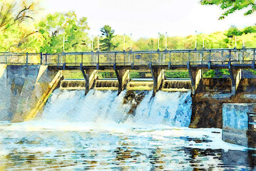 Digitally created watercolor painting of Hamlin Dam on a sunny day