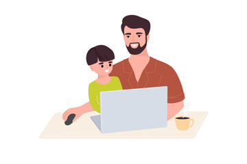 Fototapeta na wymiar A young father and son are working at a laptop while sitting at a table. Happy father, a man, teaches his little son how to use a laptop and the Internet. Flat vector illustration.