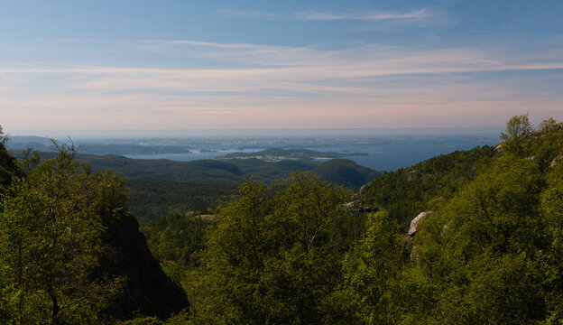 Panoramic view on Stavanger and the Norwegian west coast from the trail to Preikestolen, Stavanger, Norway