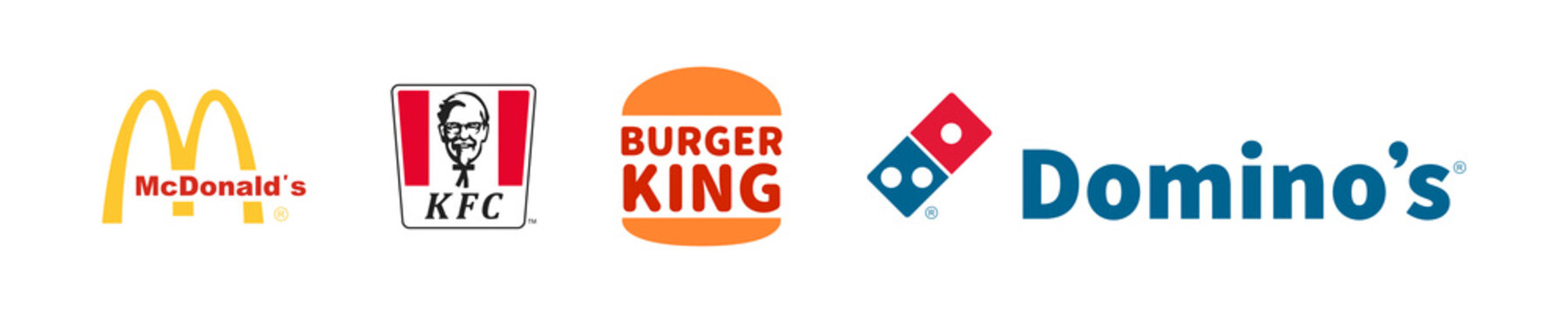 Zdolbuniv; Ukraine - August 13; 2022: Fast food logo icon. McDonald`s KFC BurgerKing Domino`s Pizza logotype set on white background. Isolated vector illustration.