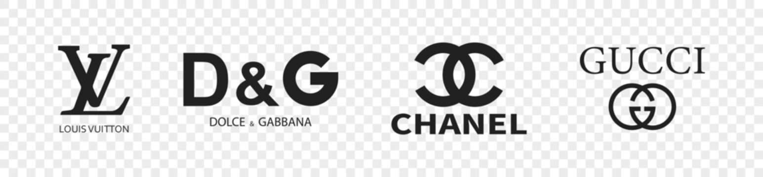 Zdolbuniv, Ukraine - August 13, 2022: Popular clothing brands logotype. Vector illustration. Gucci LV Chanel Dolce&Gabbana brand logo emblem.