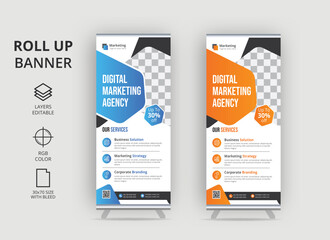 Corporate Business Roll Up Banner Standee Template with Creative Shapes, Blue, Yellow, Business DL Flyer Rack Card Template