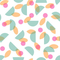 Patrón de formas transparentes en naranja, fucsia y verde sobre fondo blanco