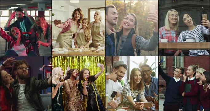 Mixed-race people taking pictures on gadgets in different places. Happy couple using smartphone in nature. Family with kid on kitchen. Male and female friends at party taking selfie photo on cellphone