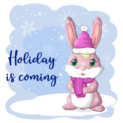 Cute cartoon rabbit in a Santa hat on a background of snow. Winter 2023, Christmas and New Year