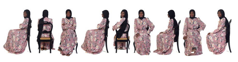 line of large group of same woman sitting on chair over background