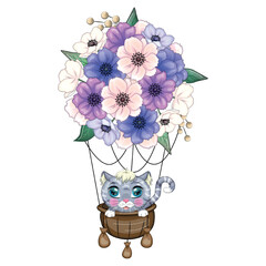 Cartoon cat flies in a balloon made of flowers. Cute child character, symbol of 2023 new chinese year