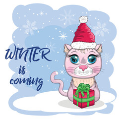 Cute cartoon cat in a Santa hat on a background of snow. Winter 2023, Christmas and Chinese New Year.