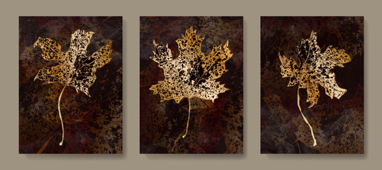 Abstract dark art background with dry autumn leaves in golden color. Botanical set of prints in a watercolor style for decoration, wallpapers, posters, interior design.