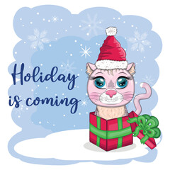 Cute cartoon cat in a Santa hat on a background of snow. Winter 2023, Christmas and Chinese New Year.