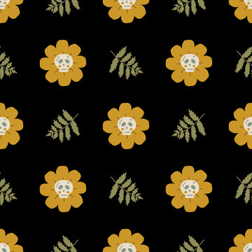 Floral skull seamless pattern. Dark witchcraft pattern. Botanical human skull, leaves hand drawn illustration. Halloween print. Daisy and skull black background, fabric, spooky textile design.