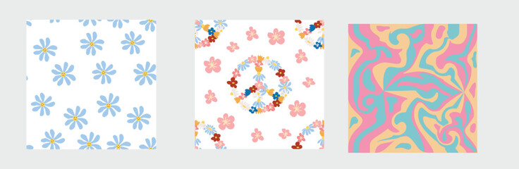 1970s Set of retro seamless pattern. Floral, swirl, mushrooms, peace symbol, camomile, smile.