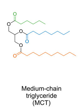 Medium-chain triglyceride, MCT, chemical structure. Example with 3 medium-chain fatty acids. Caproic acid in green, caprylic in blue and capric acid in orange. Used in ketogenic diet and bodybuilding.