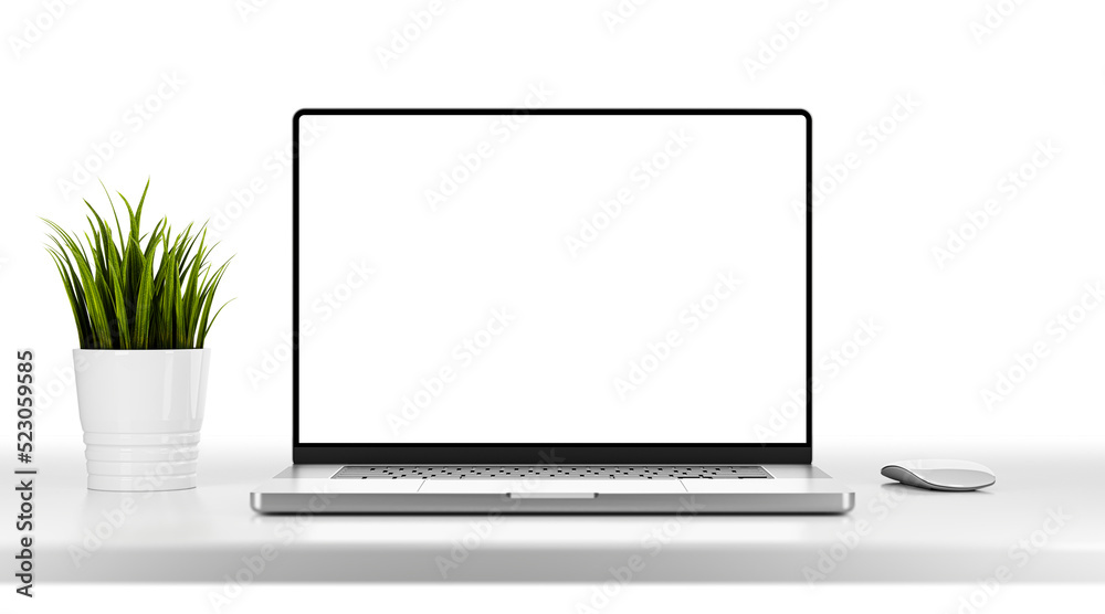 Wall mural laptop with modern frameless design isolated on white office table with grass flower and mouse - whi