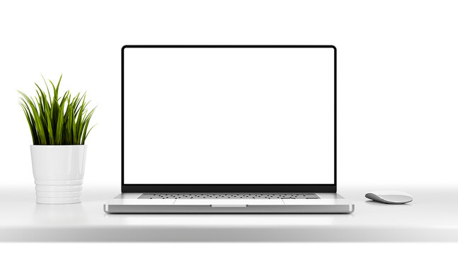 Laptop with modern frameless design isolated on white office table with grass flower and mouse - white background is transparent - PNG format - easy replacement of background and device screen