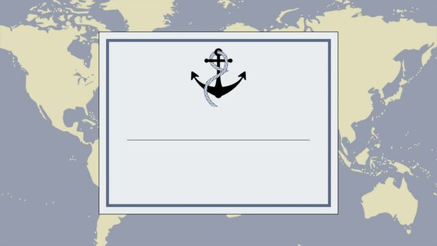 Anchor and frame on world map, motion holidays, travel and wedding style background