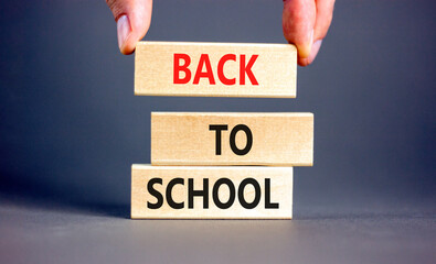 Back to school and support symbol. Concept words Back to school on wooden blocks. Businessman hand....