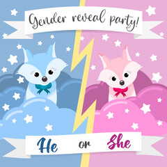 Gender reveal party invitation for girl or boy. Kind children's illustration with stars and clouds in pink and blue color. Flat illustration with cute little fox. Card in square format. Baby shower.
