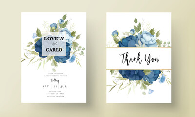 Hand drawn blue peony flowers wedding invitation