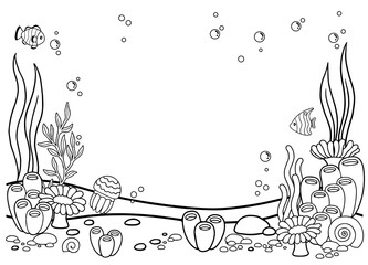 Coloring book page for adult. Underwater seabed with algae and corals, line art design and fish