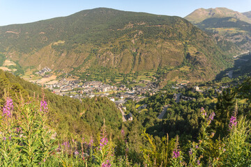 Aerial view of Encamp, in Andorra, in summer with the morning light, seen from the mountain with flowers and vegetation. panoramic photography - obrazy, fototapety, plakaty