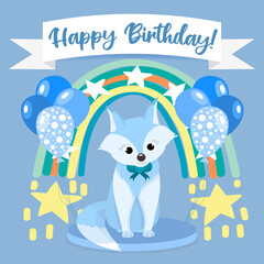 Happy Birthday card for boy. Flat illustration with cute little fox. Kids party. Kind children's illustration with balloons and magic rainbow in blue color. Card in square format.