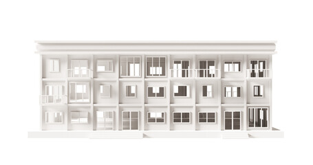 White building, modern style, 3-floor model Architecture Made from paper, low poly front 3d rendering. Drill holes in windows and doors.