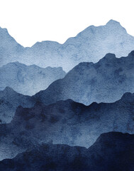 abstract background with watercolor indigo blue wavy mountains on white 