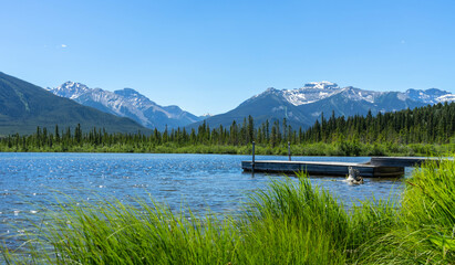 Vermilion Lakes and wooden pier, Banff National Park, Alberta, Canada