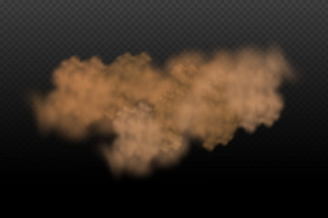 A cloud of brown dust and sand with particles of flying dry sand and dirt.Trace on a dusty road or highway from a car.Clubs of dark smoke.Realistic illustration on a transparent background.