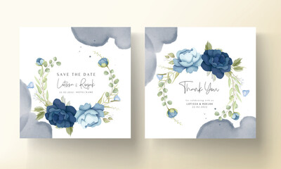 Blue floral wedding invitation card set