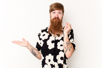 Young caucasian red-haired man isolated on white background showing that she has no money.