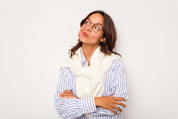 Young hispanic woman isolated on white background dreaming of achieving goals and purposes