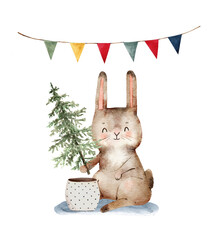 rabbit holding a green christmas tree, cartoon watercolor for winter holidays.
